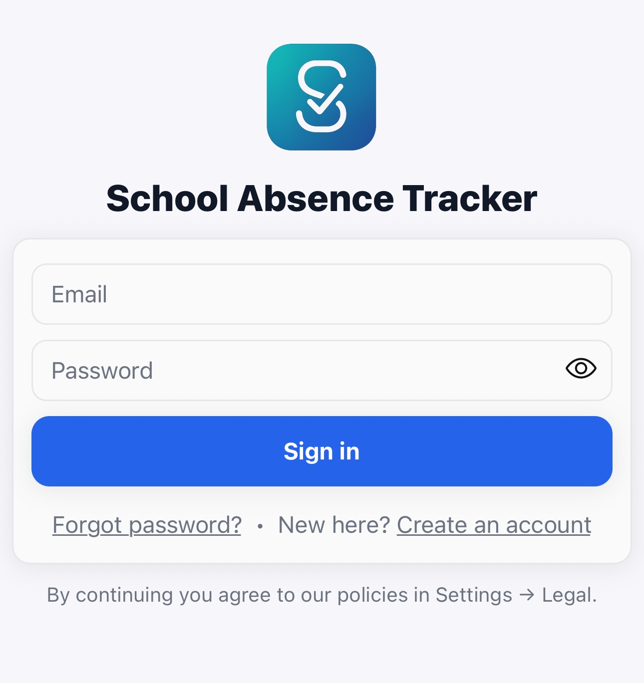 School Absence Tracker home screen with children and recent absences